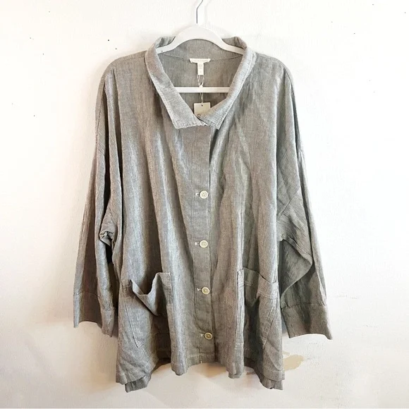 Eileen Fisher Jacket Black & White Stripe Ticking Stripe Jacket Sz 3X NWT Button - Picture 2 of 13